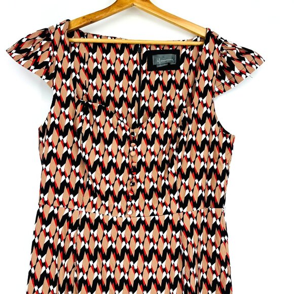 Anthropologie Cecily Fit & Flare Brown Multi Chevron Ruffle-Sleeve Midi Dress XL - Picture 6 of 12